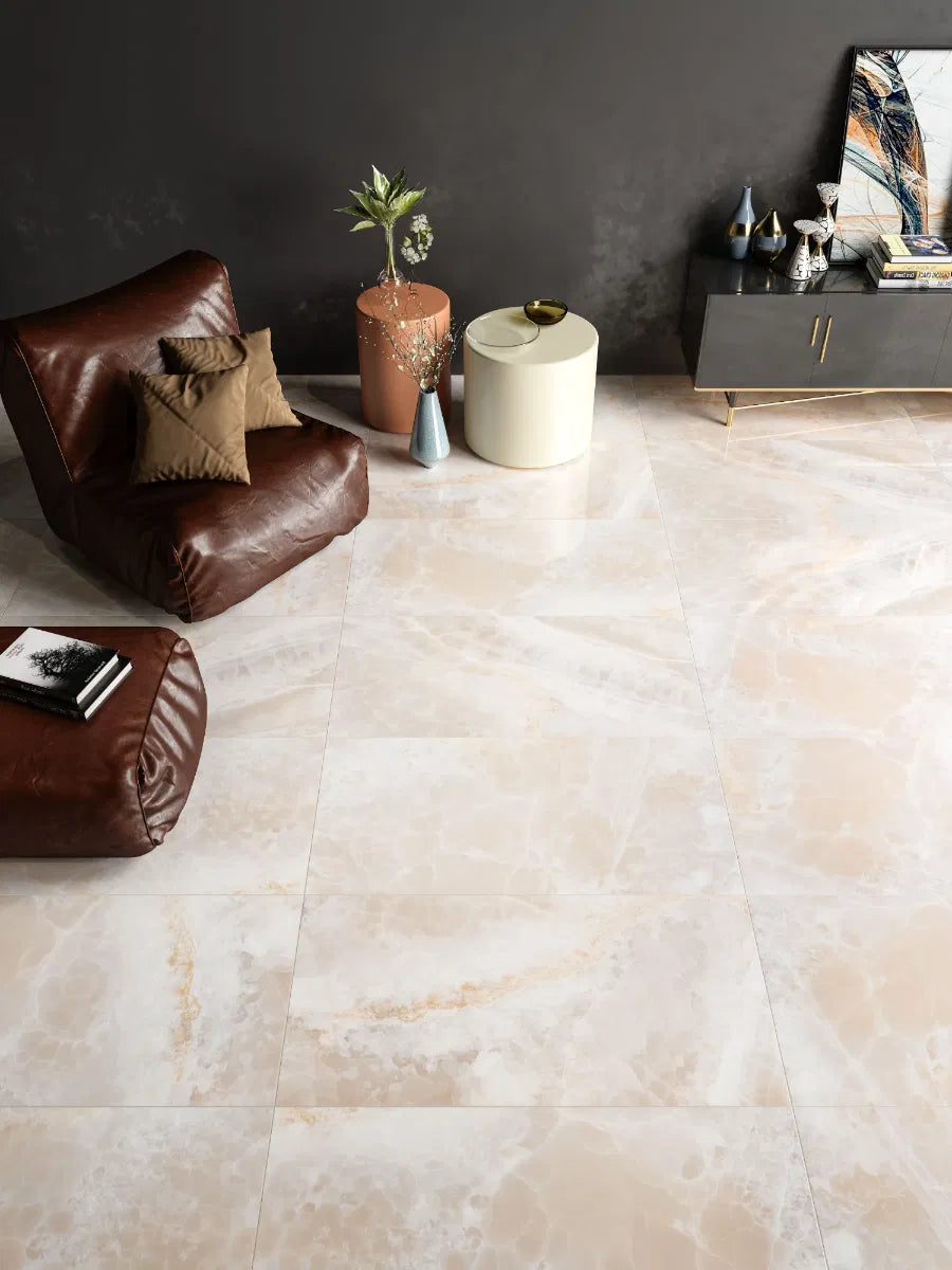 Dawn Polished Beige Onyx Effect Wall And Floor Porcelain Tiles 60cmx120cm